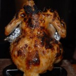 Perfectly roasted chook in brick pizza oven.