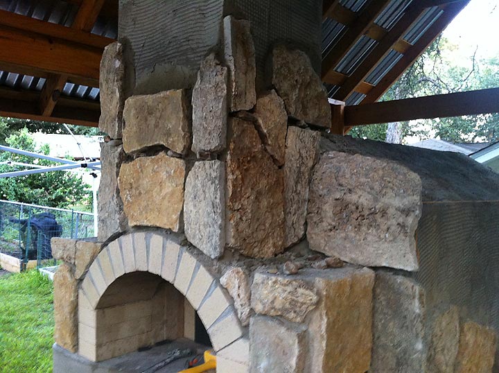 Oven with stone veneer under a covered patio